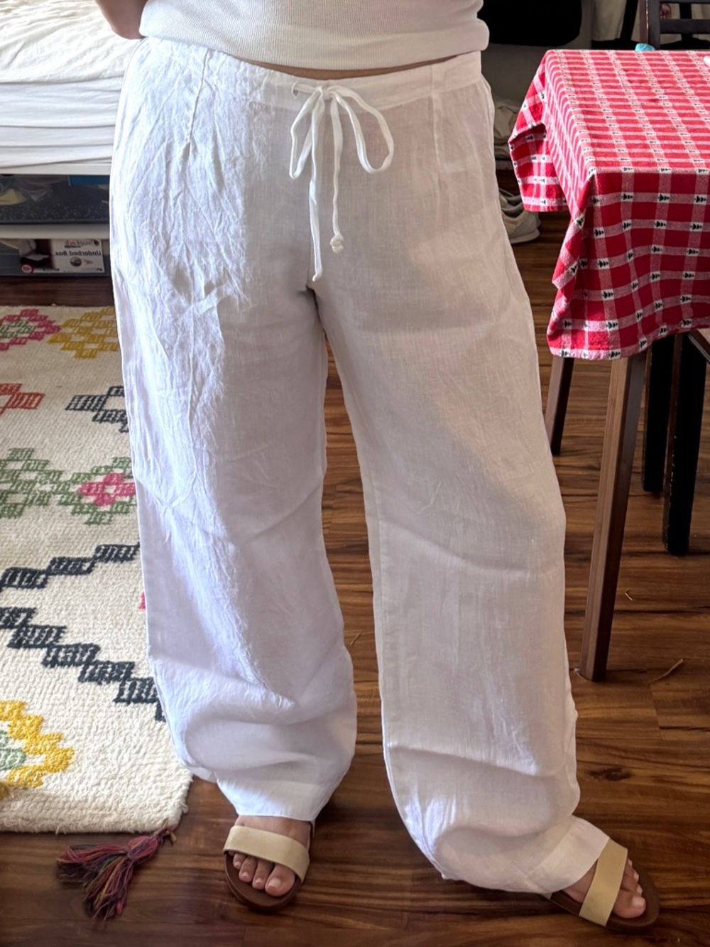 Bella Notte 100% Linen Women’s white Wide Leg Drawstring Pants Size M Coastal